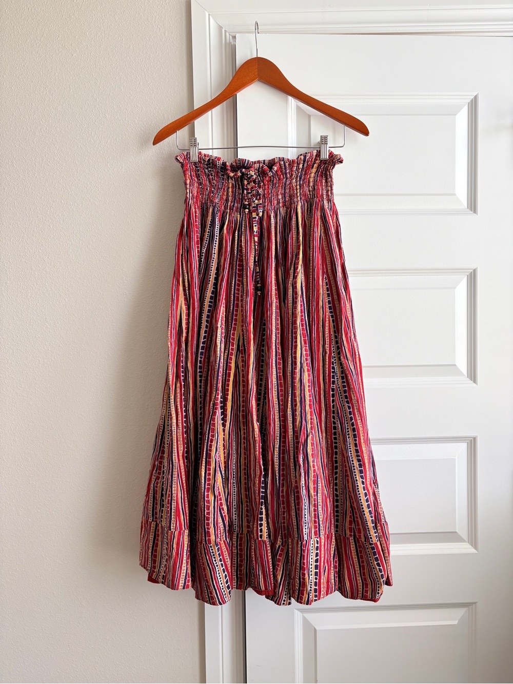 JOYVITA Fair Trade Cotton Boho Maxi Skirt Smocked Waist Red